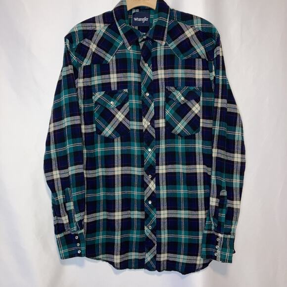Wrangler Long Sleeve Mens Plaid Flannel Pearl Snap Western Cut L Tall Extra Long - Picture 1 of 10
